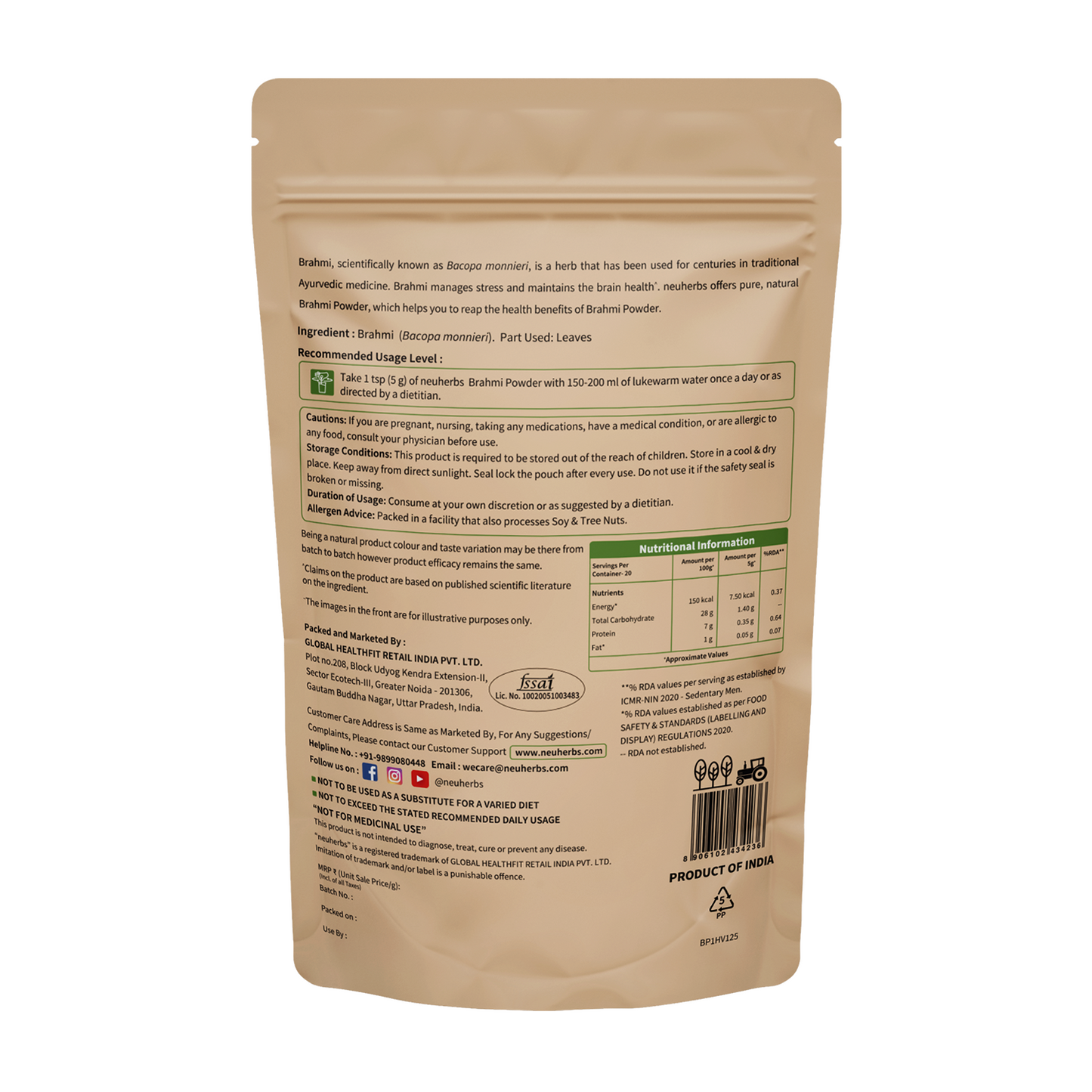 Organic Brahmi Powder for Stress Relief & Calm Mind brahmi powder back image