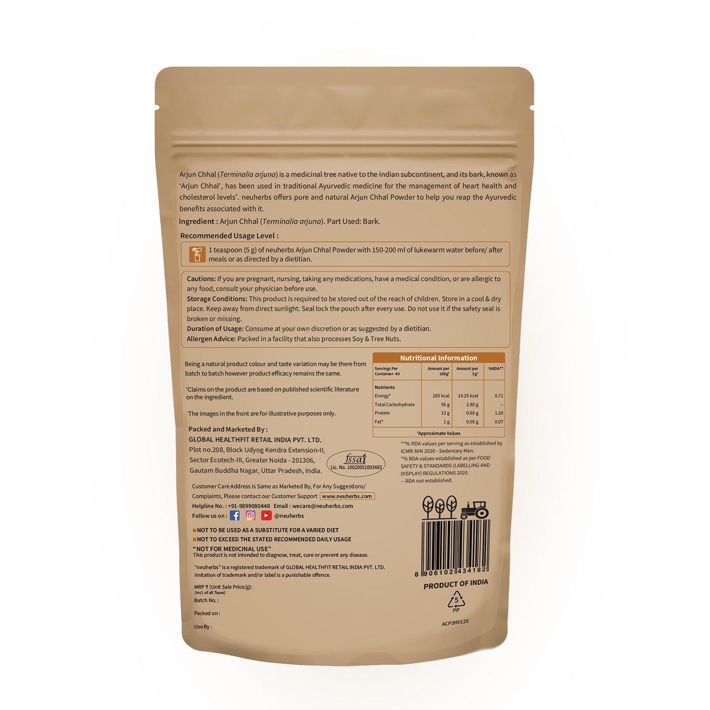 Natural Arjun Chhal Powder to Boost Heart Health Ingredients and usage label of Neuherbs Arjun Chhal Powder