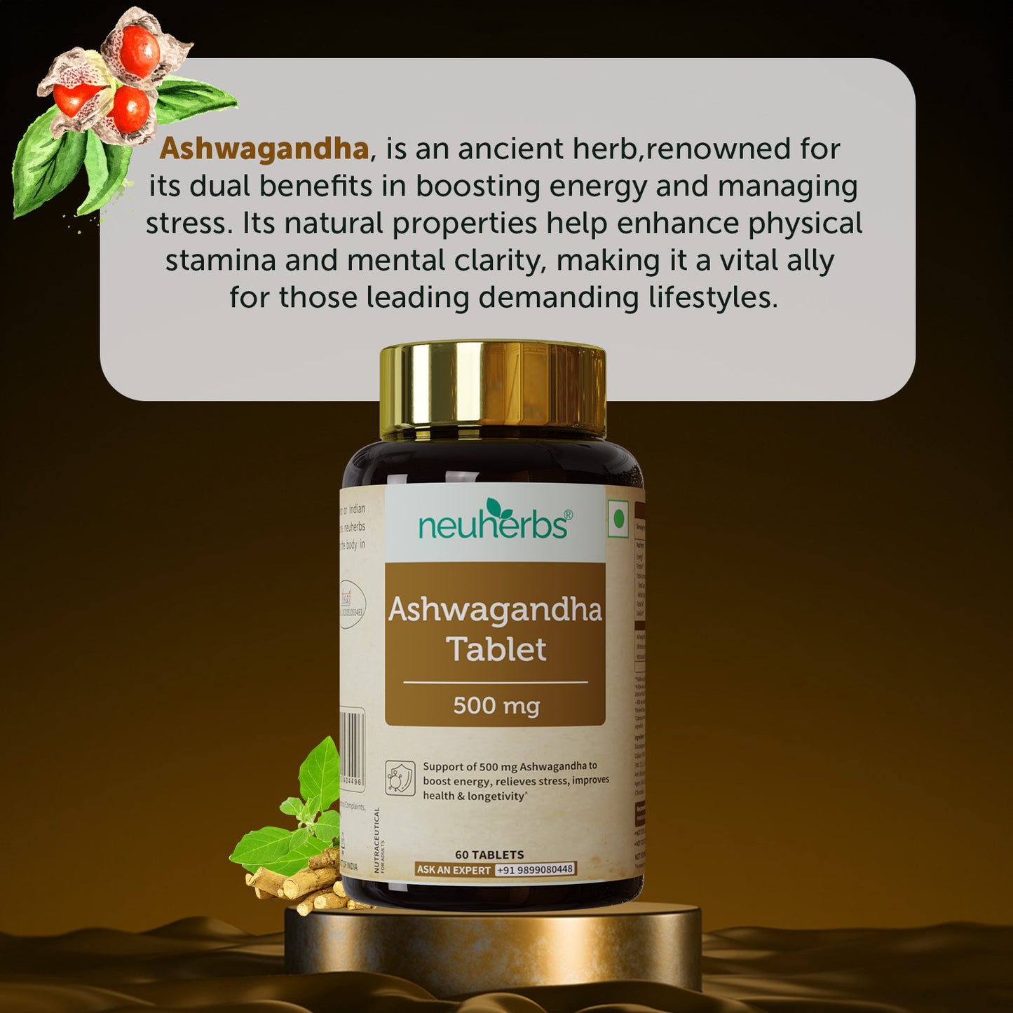 Ashwagandha 500 mg - 60 Tablets: Boosts Energy & Immunity Close-up of Ashwagandha tablets on a white surface