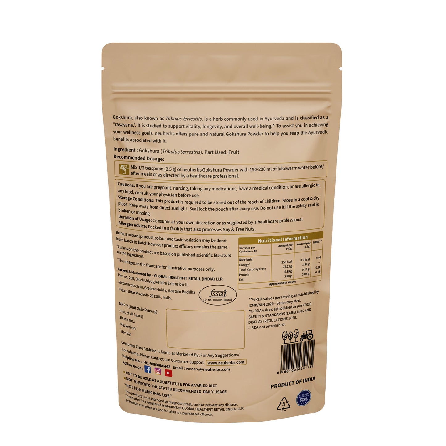 Pure Gokshura Powder (100gm) to Boost Strength & Energy Back label of Neuherbs Gokshura Powder showing nutritional benefits