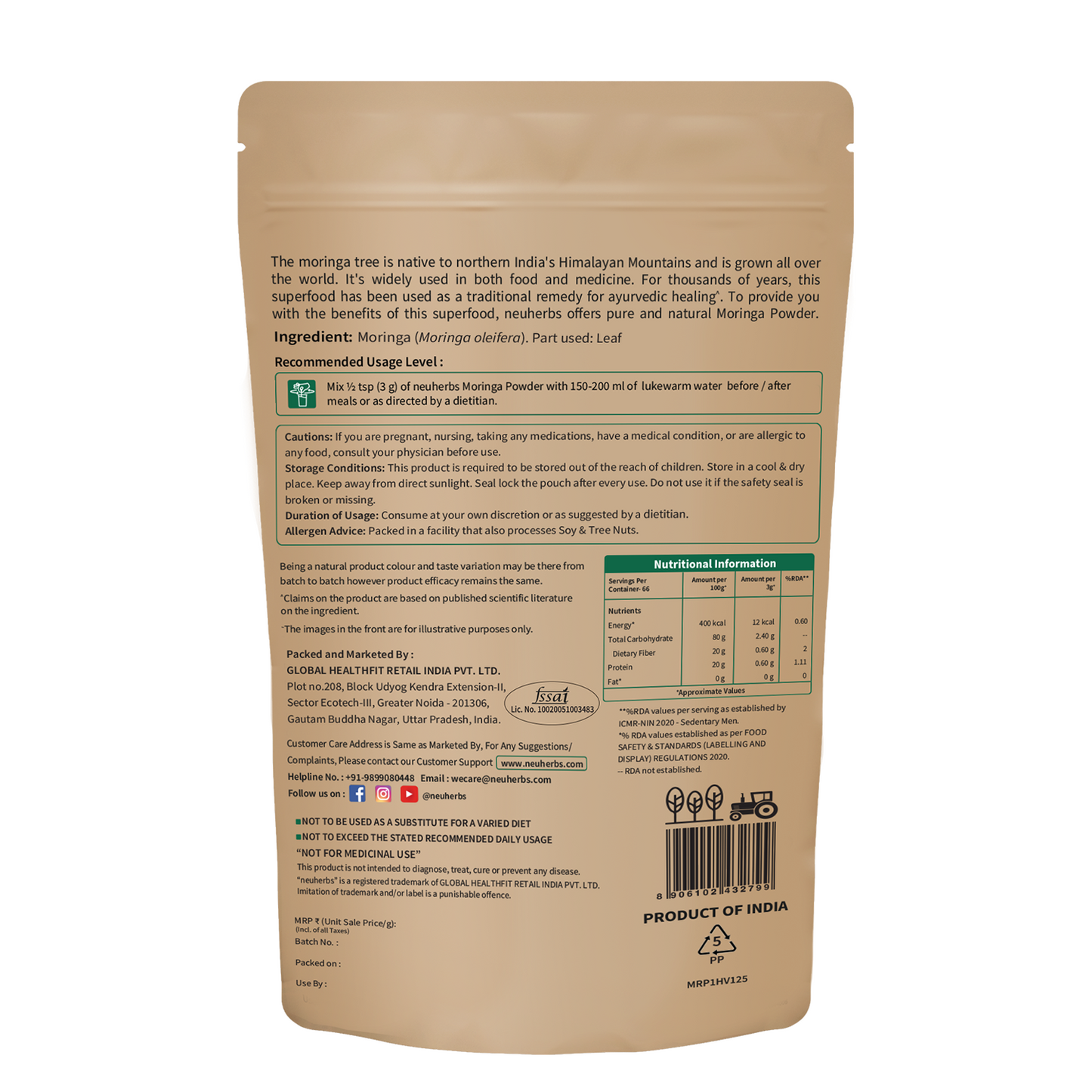 Organic Moringa Powder for Immunity, Weight Loss, Gut Health Product packaging with organic moringa label