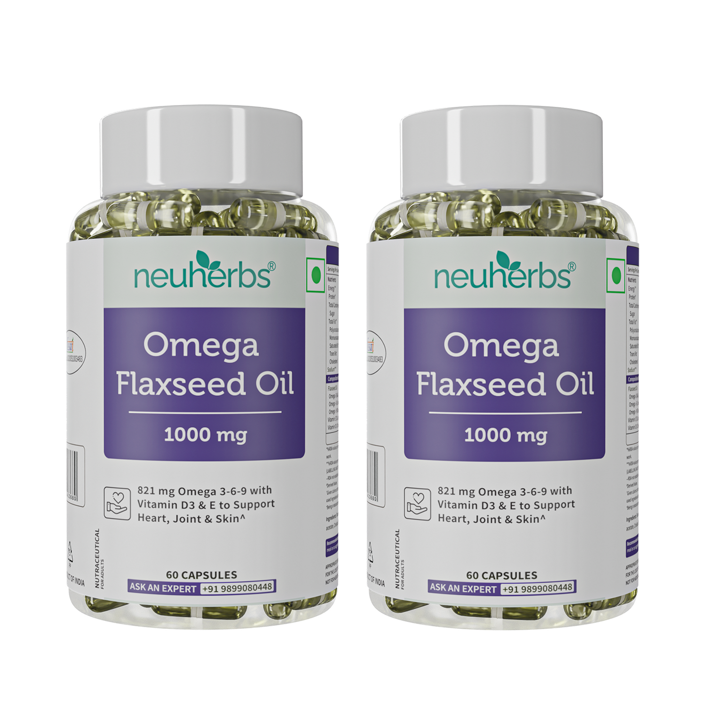 Flaxseed Oil Capsules 1000mg With 821mg Omega 3-6-9, Additional Vitamin D3 & E To Support Heart, Joint & Skin For Women & Men Neuherbs Omega Flaxseed Oil 1000mg Bottle