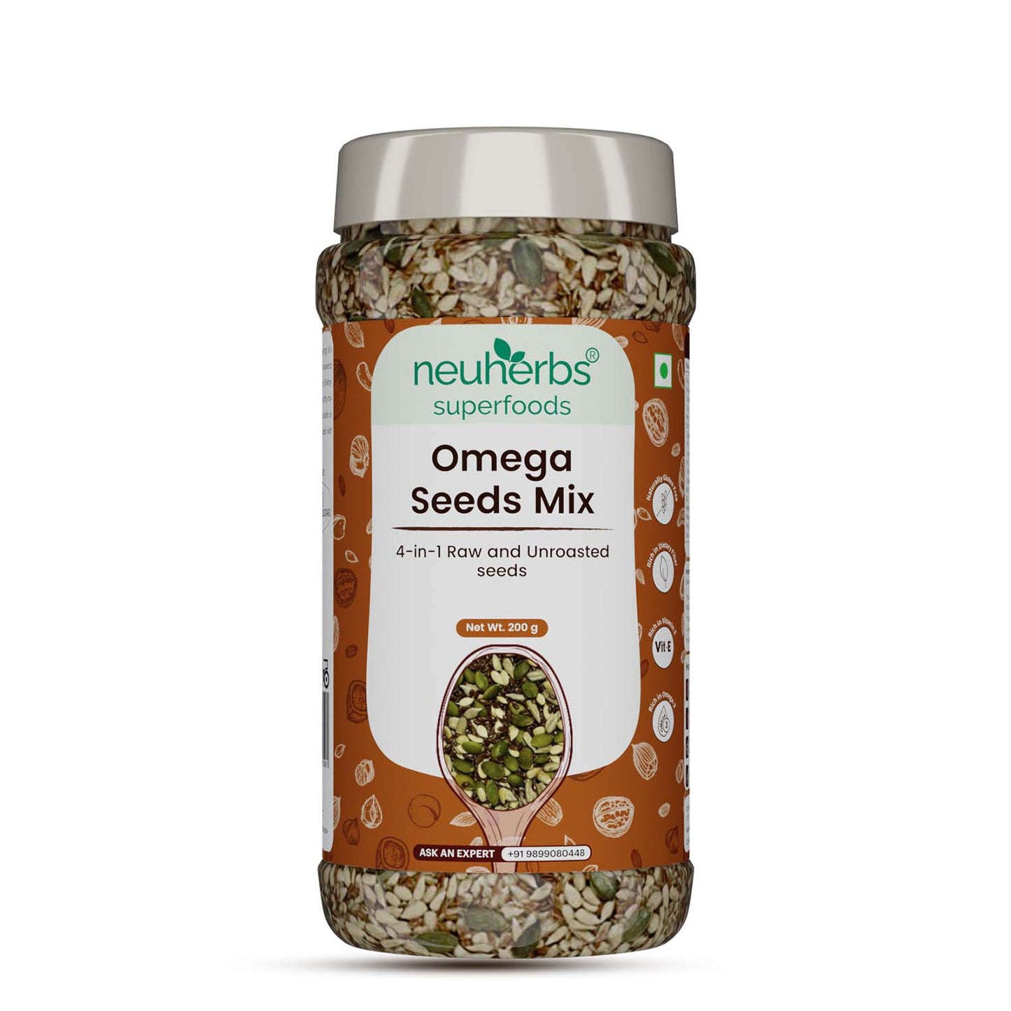 Omega Seeds Mix with richness of Flax, Pumpkin, Watermelon & Sunflower seeds with omega-3, dietary fiber, protein and essential nutrients helpful for Weight Loss, Heart & Good Skin Omega Seeds Mix with richness of Flax, Pumpkin, Watermelon & Sunflower seeds with omega-3, dietary fiber, protein and essential nutrients helpful for Weight Loss, Heart & Good Skin