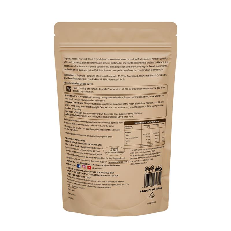 Organic Triphala Powder: Boost Digestion & Immunity Flat lay of Neuherbs Triphala with herbs