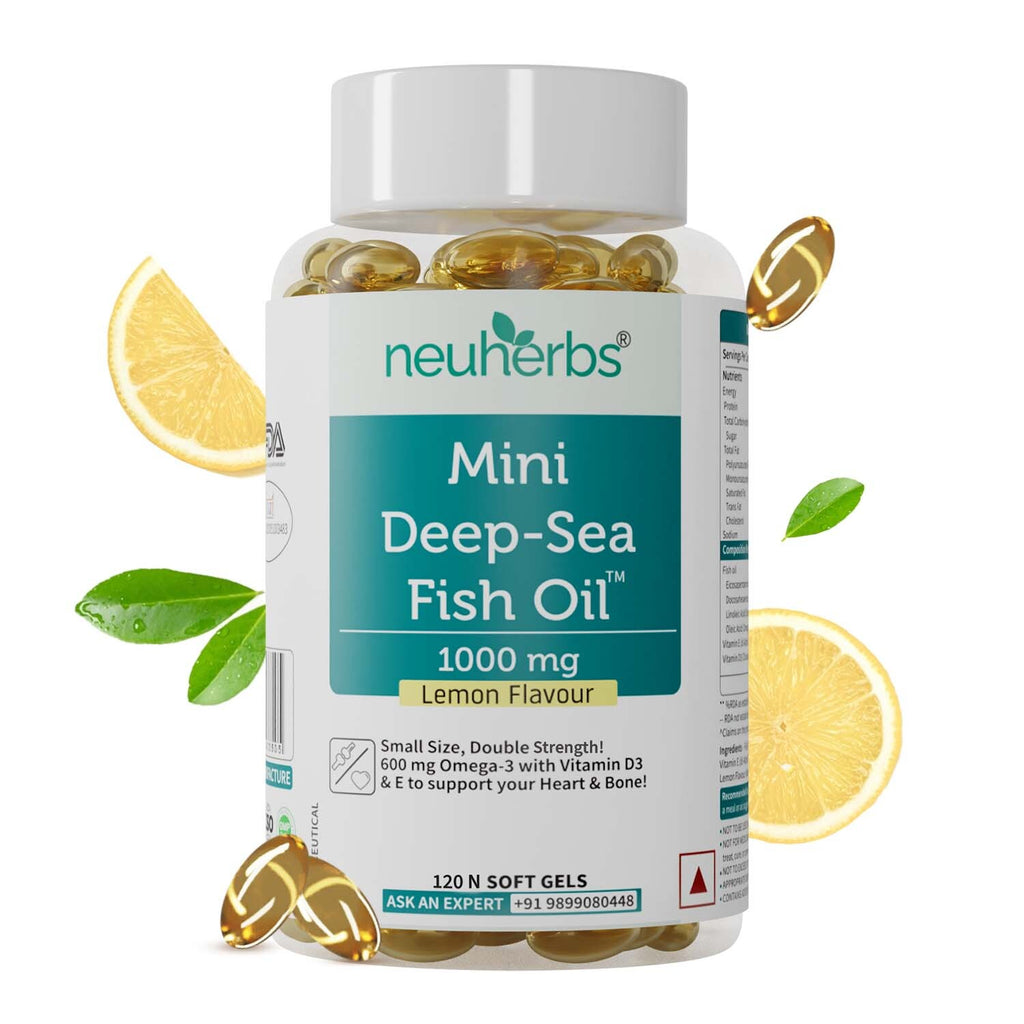 Mini Deep Sea Fish Oil - Omega 3 Supplement Double Strength 1000 mg Fish Oil 360mg EPA & 240mg DHA for Heart, Bones & Muscle Function, Lemon Flavoured Fish Oil Softgel with No Fishy Burps