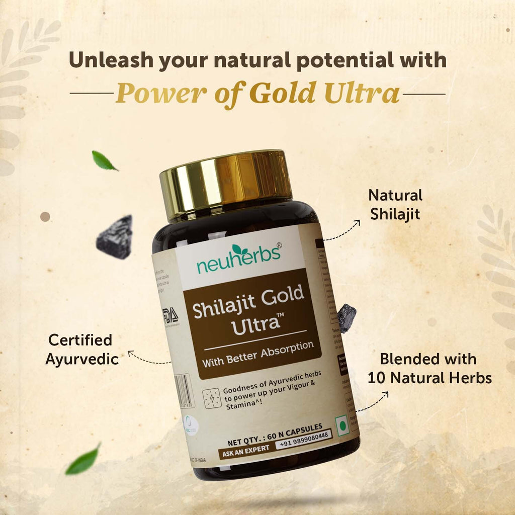 Neuherbs Shilajit Gold Ultra - Testosterone Booster Ayurvedic For Men - Enhance Vigour & Stamina - 60 Capsules