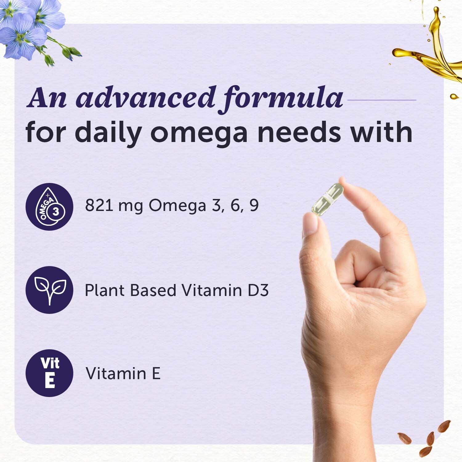 Flaxseed Oil Capsules 1000mg With 821mg Omega 3-6-9, Additional Vitamin D3 & E To Support Heart, Joint & Skin For Women & Men image 4