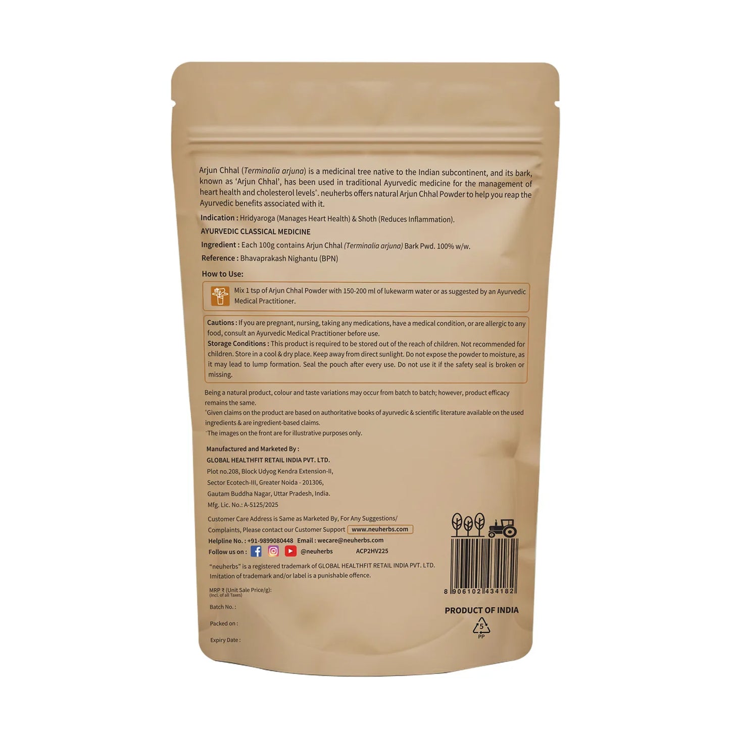 Ingredients and usage label of Neuherbs Arjun Chhal Powder

