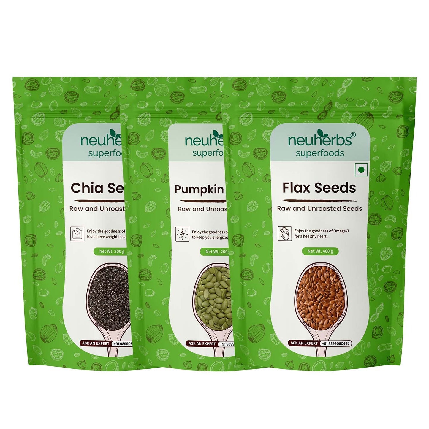 Organic Flax, Chia & Pumpkin Seeds Combo for Heart & Bone Health