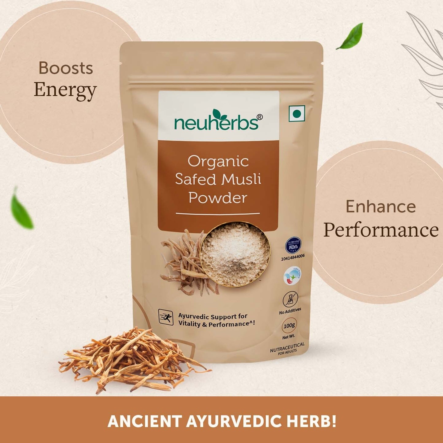 Organic Safed Musli Powder for men's support of vitality, reduced physical weakness and high performance.