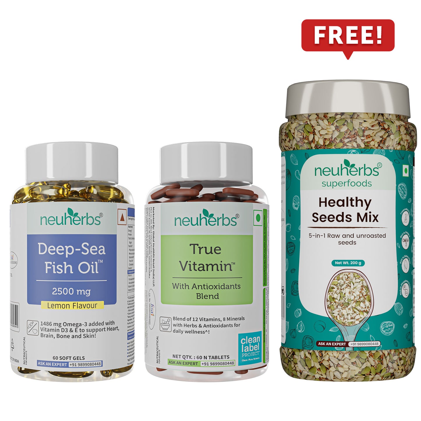 Wellness Pack – 60 Omega Fish Oil, 60 True Multivitamins & 200g Healthy Seeds