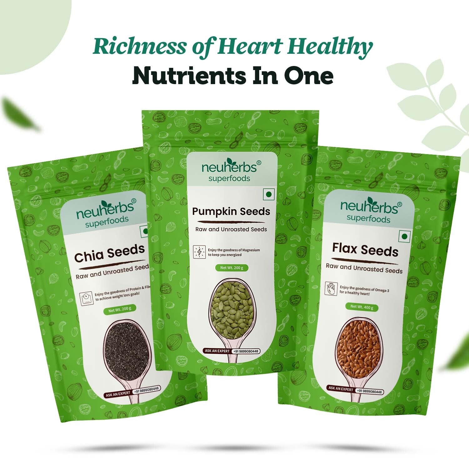 Organic Flax, Chia & Pumpkin Seeds Combo for Heart & Bone Health