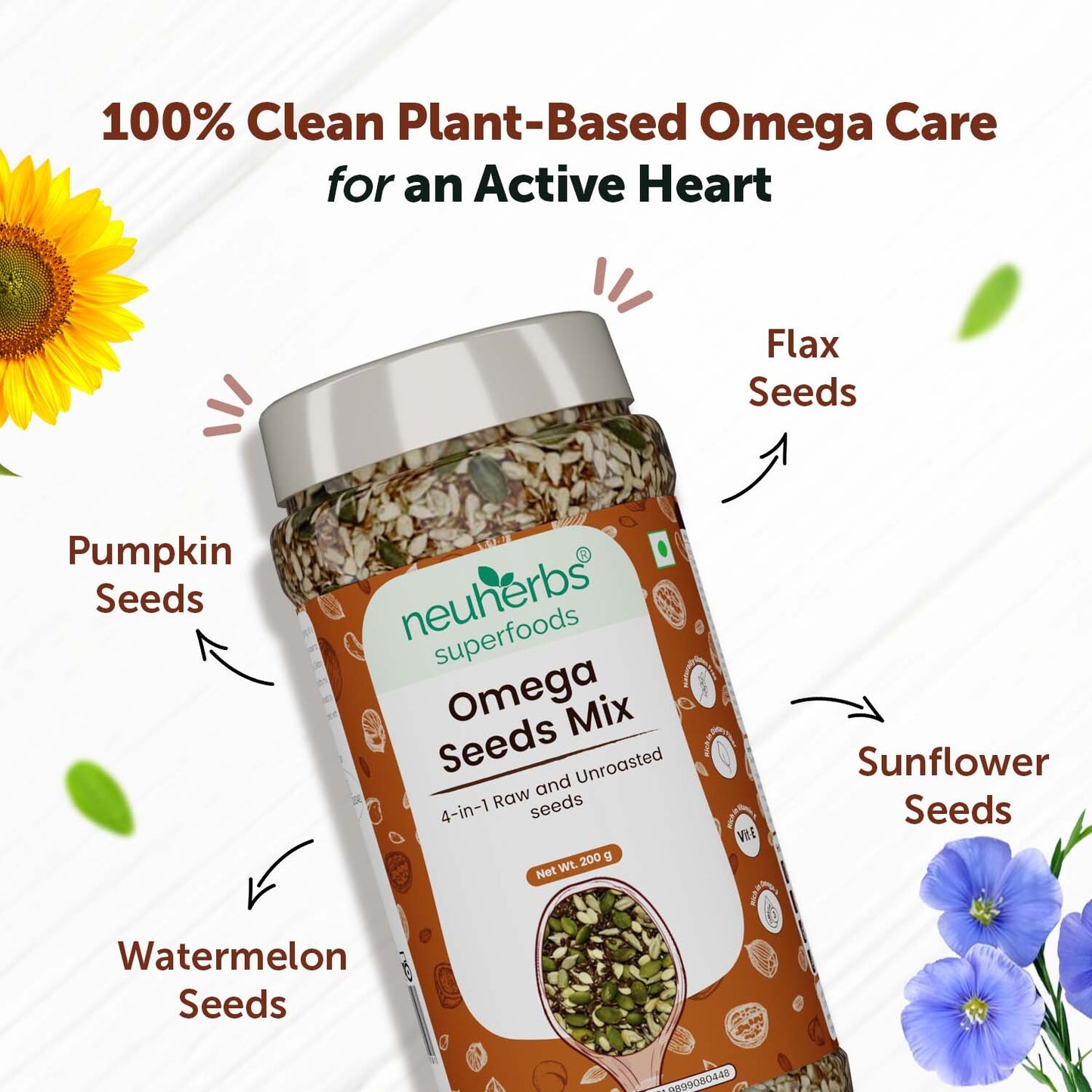 Omega Seeds Mix with richness of Flax, Pumpkin, Watermelon & Sunflower seeds with omega-3, dietary fiber, protein and essential nutrients helpful for Weight Loss, Heart & Good Skin