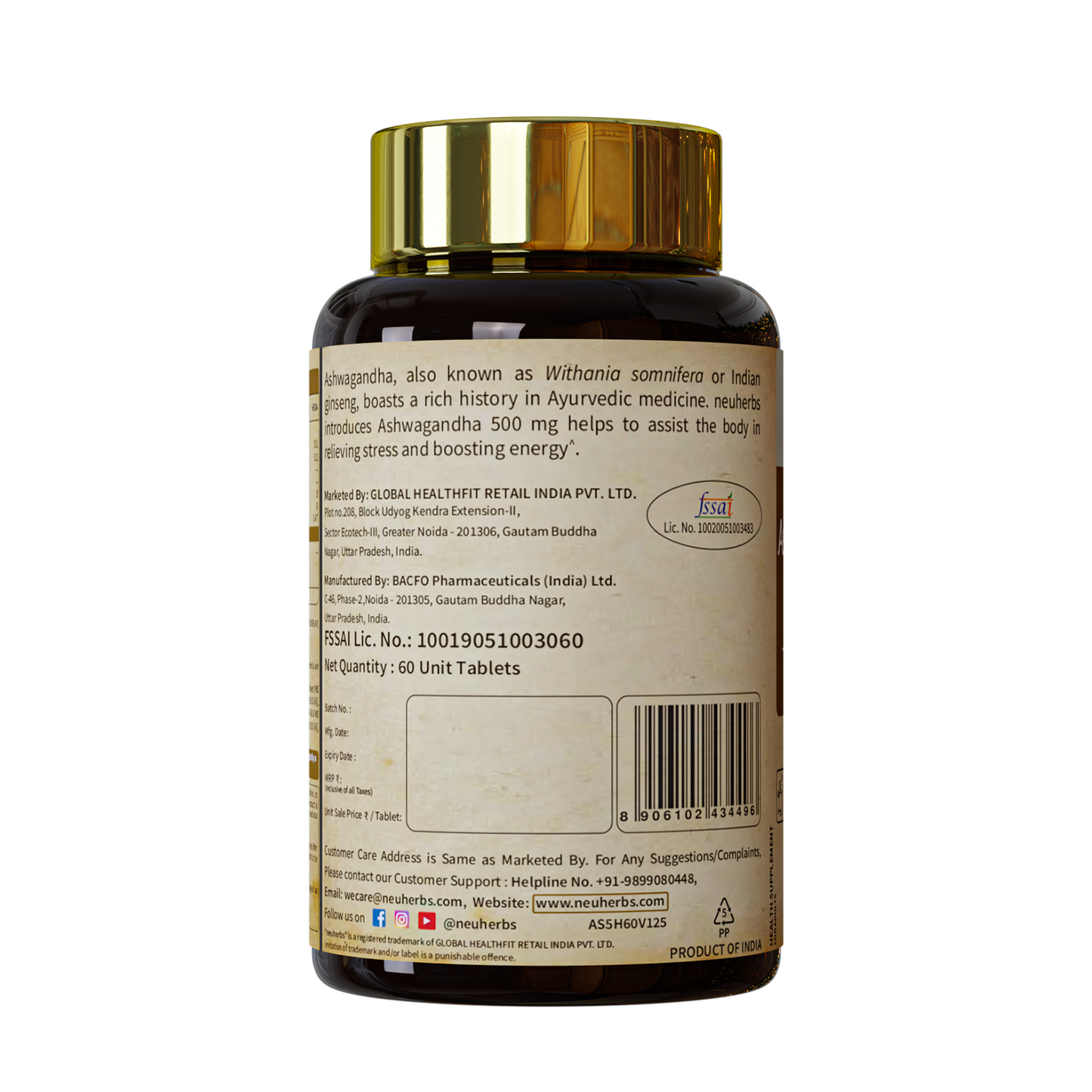 neuherbs ashwagandha tablet 500mg back image