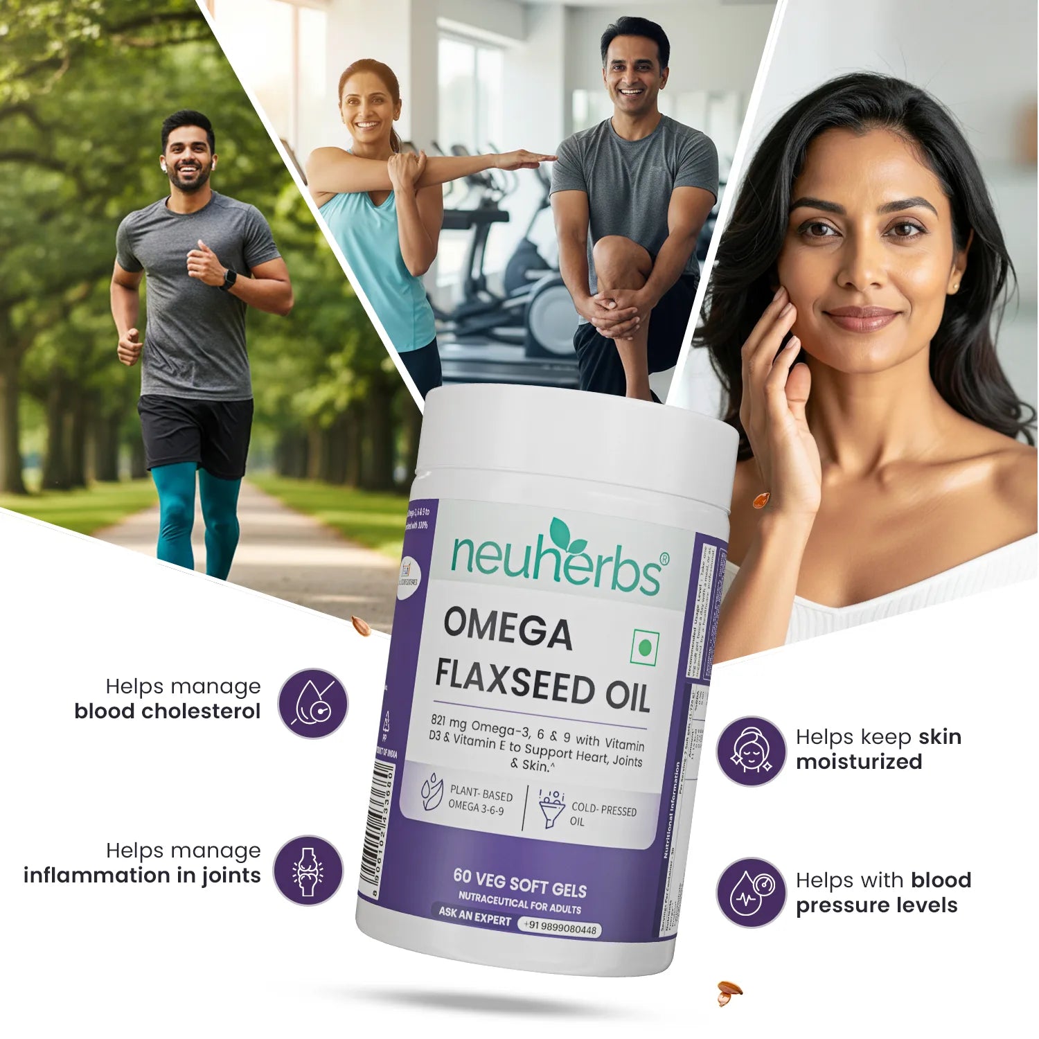 Flaxseed Oil Capsules 1000mg With 821mg Omega 3-6-9, Additional Vitamin D3 & E To Support Heart, Joint & Skin For Women & Men