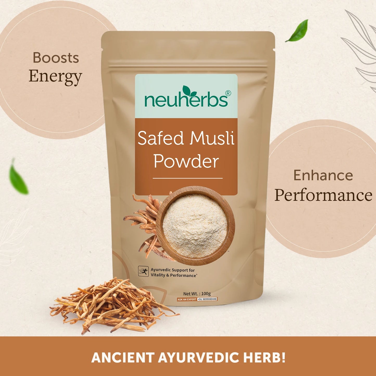 Organic Safed Musli Powder for men's support of vitality, reduced physical weakness and high performance.