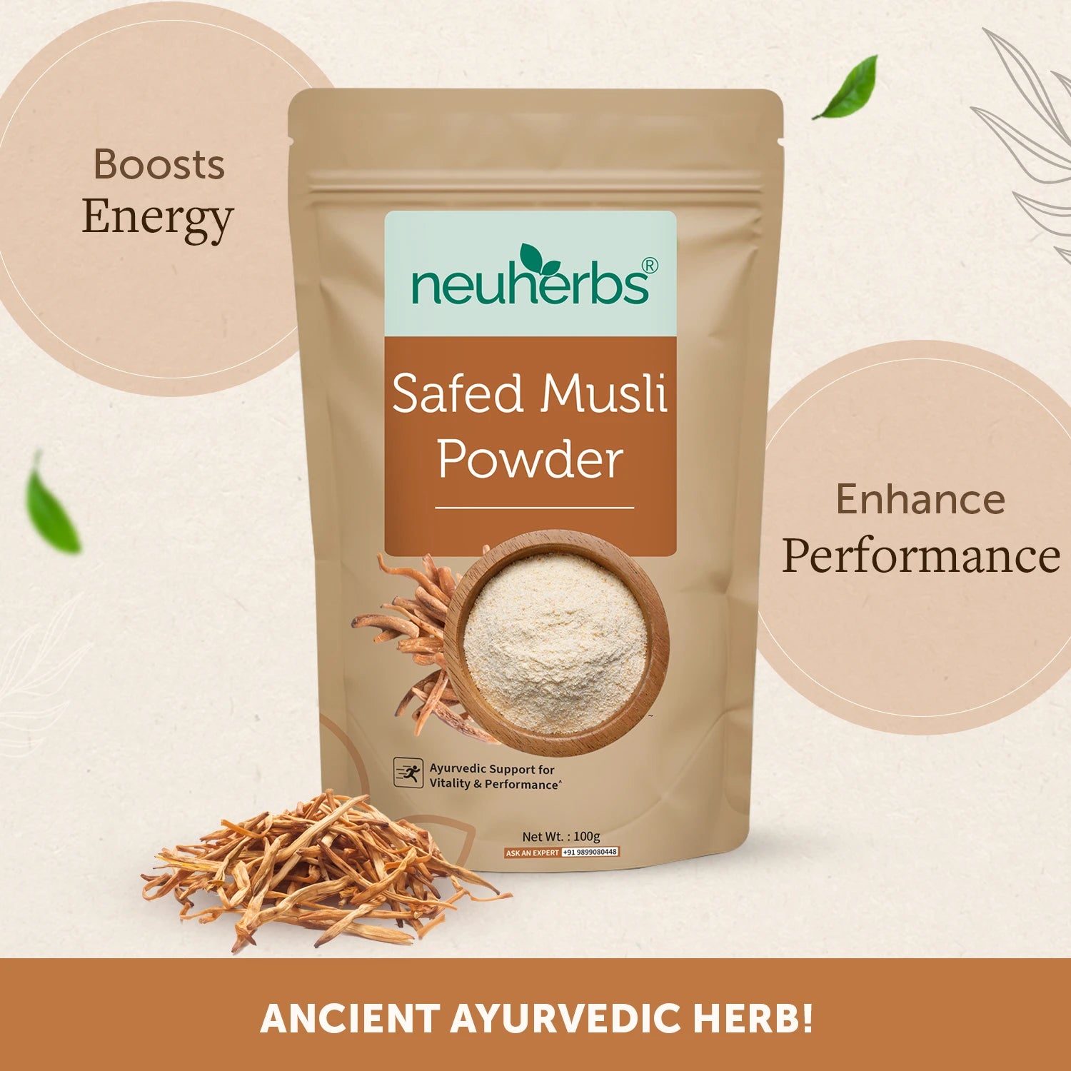 Organic Safed Musli Powder for men's support of vitality, reduced physical weakness and high performance.