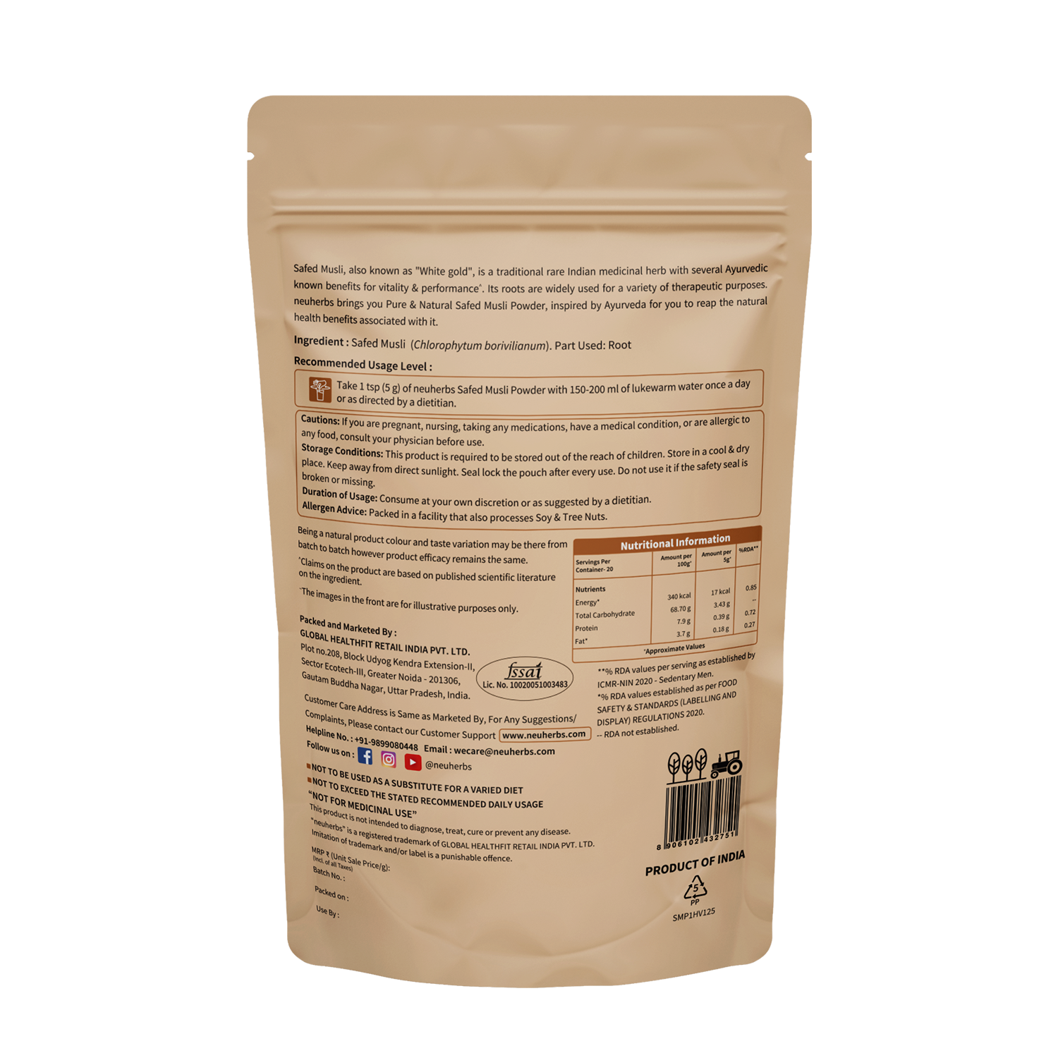 Organic Safed Musli Powder for men's support of vitality, reduced physical weakness and high performance.