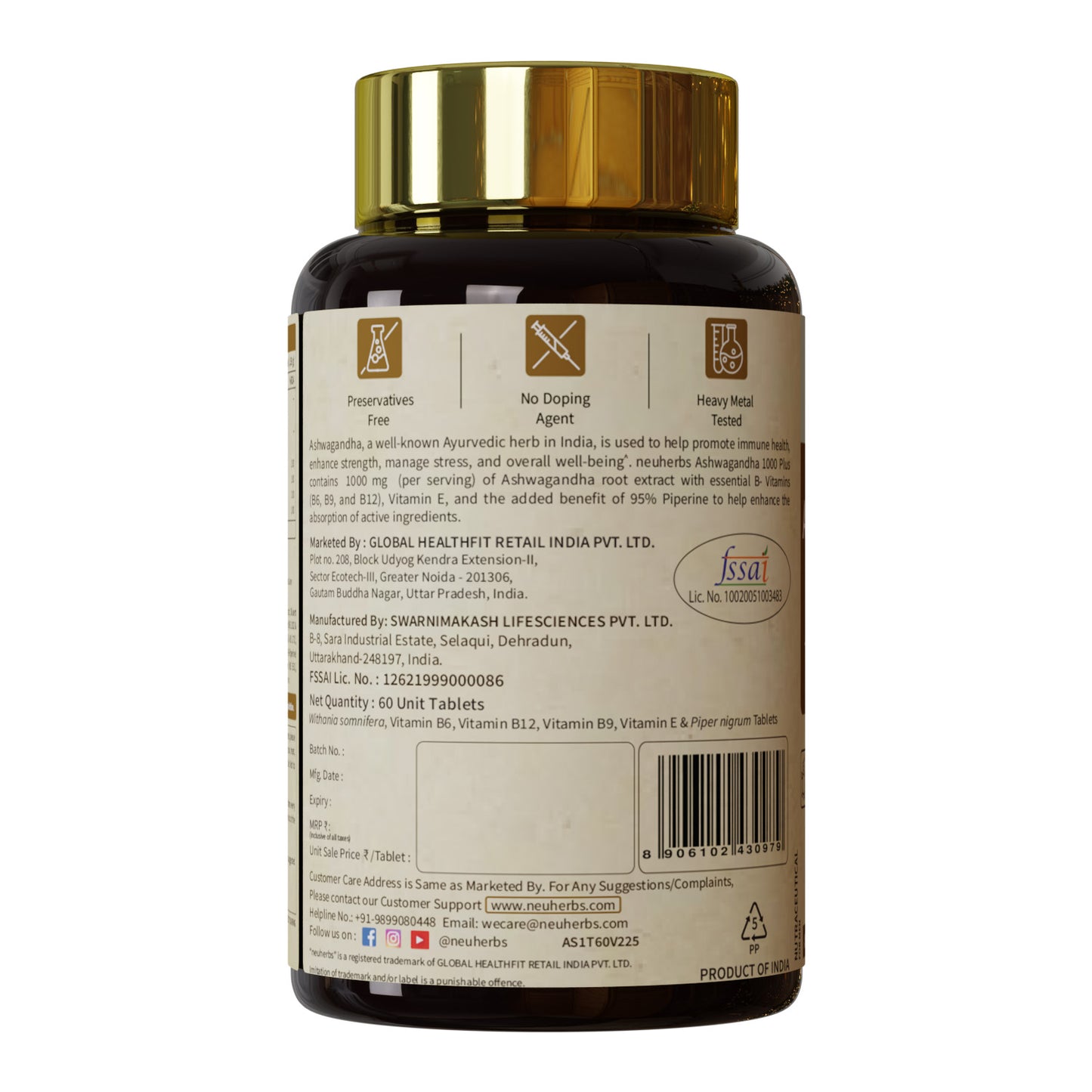 neuherbs ashwagandha 1000 plus tablet back image