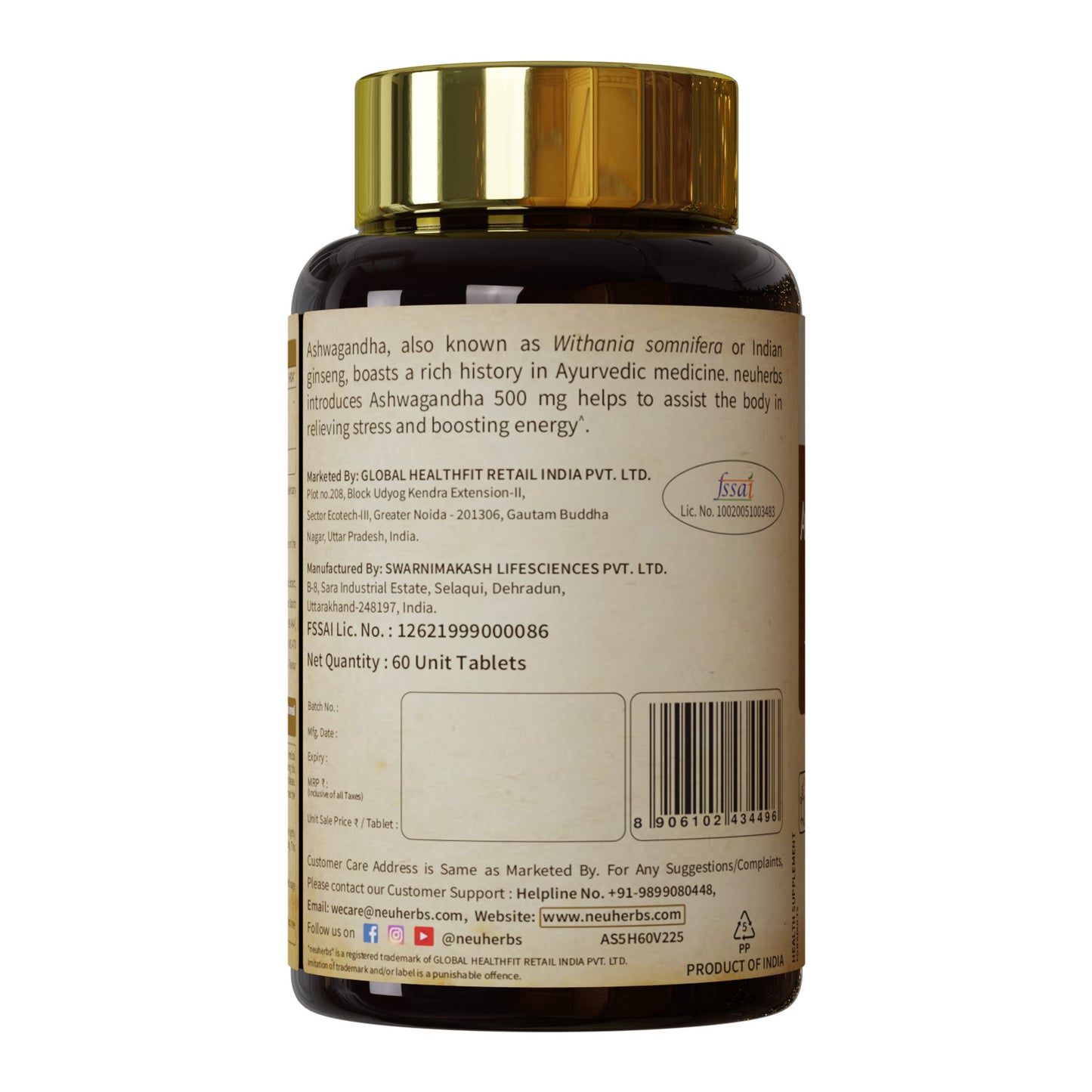 neuherbs ashwagandha tablet 500mg back image