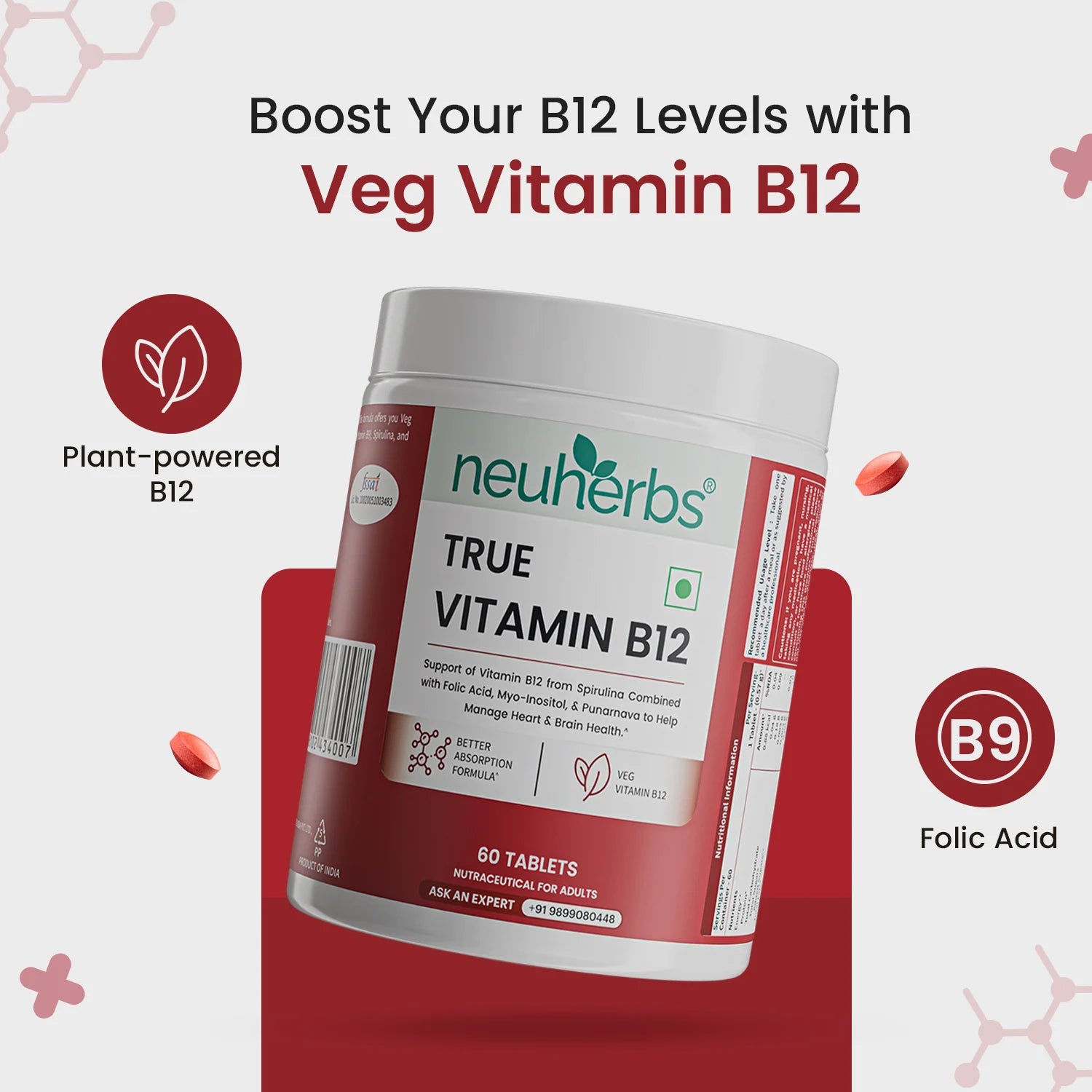 Plant-Based True Vitamin B12 Tablets For Energy & Brain