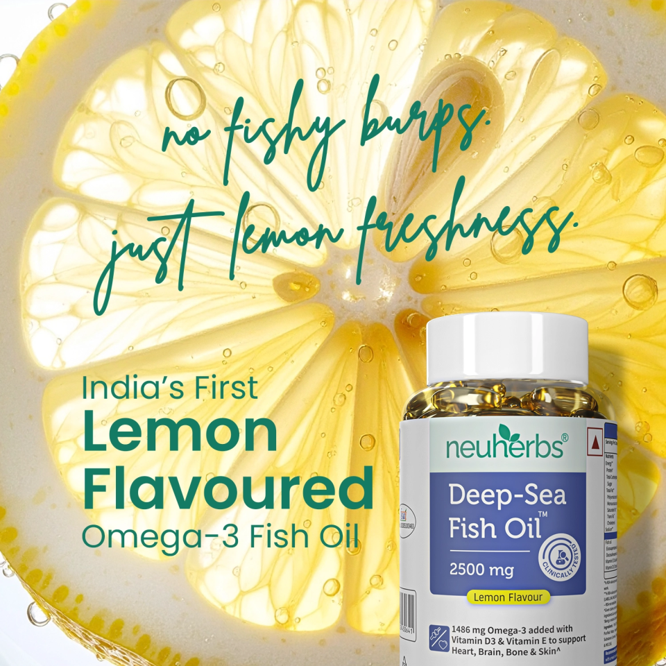Close-up of Neuherbs Omega 3 Fish Oil Capsules with Lemon Flavor