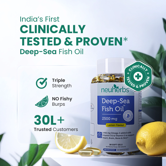 Close-up of Neuherbs Omega 3 Fish Oil Capsules with Lemon Flavor