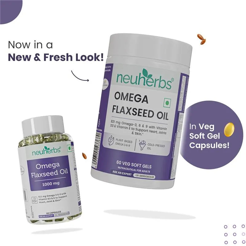 Flaxseed Oil Capsules 1000mg With 821mg Omega 3-6-9, Additional Vitamin D3 & E To Support Heart, Joint & Skin For Women & Men
