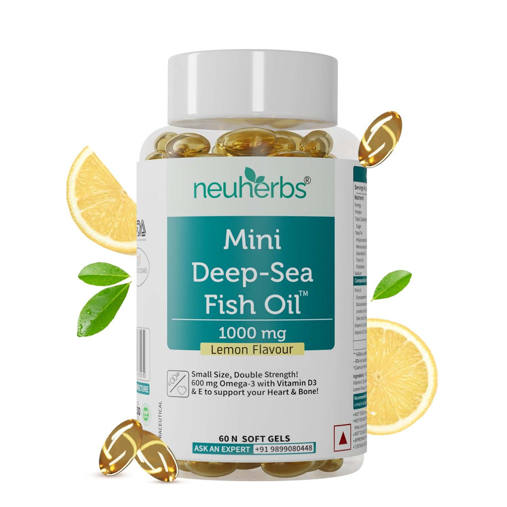Mini Deep Sea Fish Oil - Omega 3 Supplement Double Strength 1000 mg Fish Oil 360mg EPA & 240mg DHA for Heart, Bones & Muscle Function, Lemon Flavoured Fish Oil Softgel with No Fishy Burps