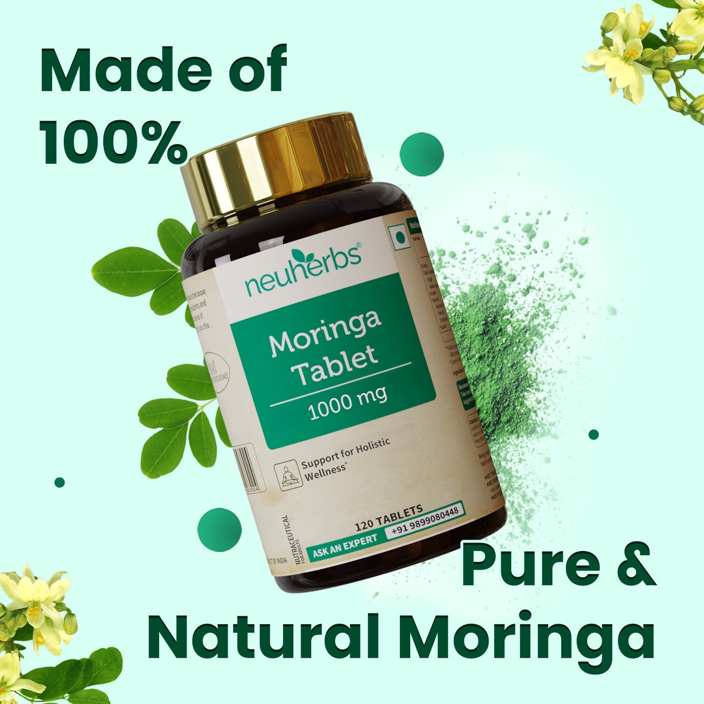 Organically Certified Moringa Tablet for High Energy, Detoxification and overall wellness for Men and Women