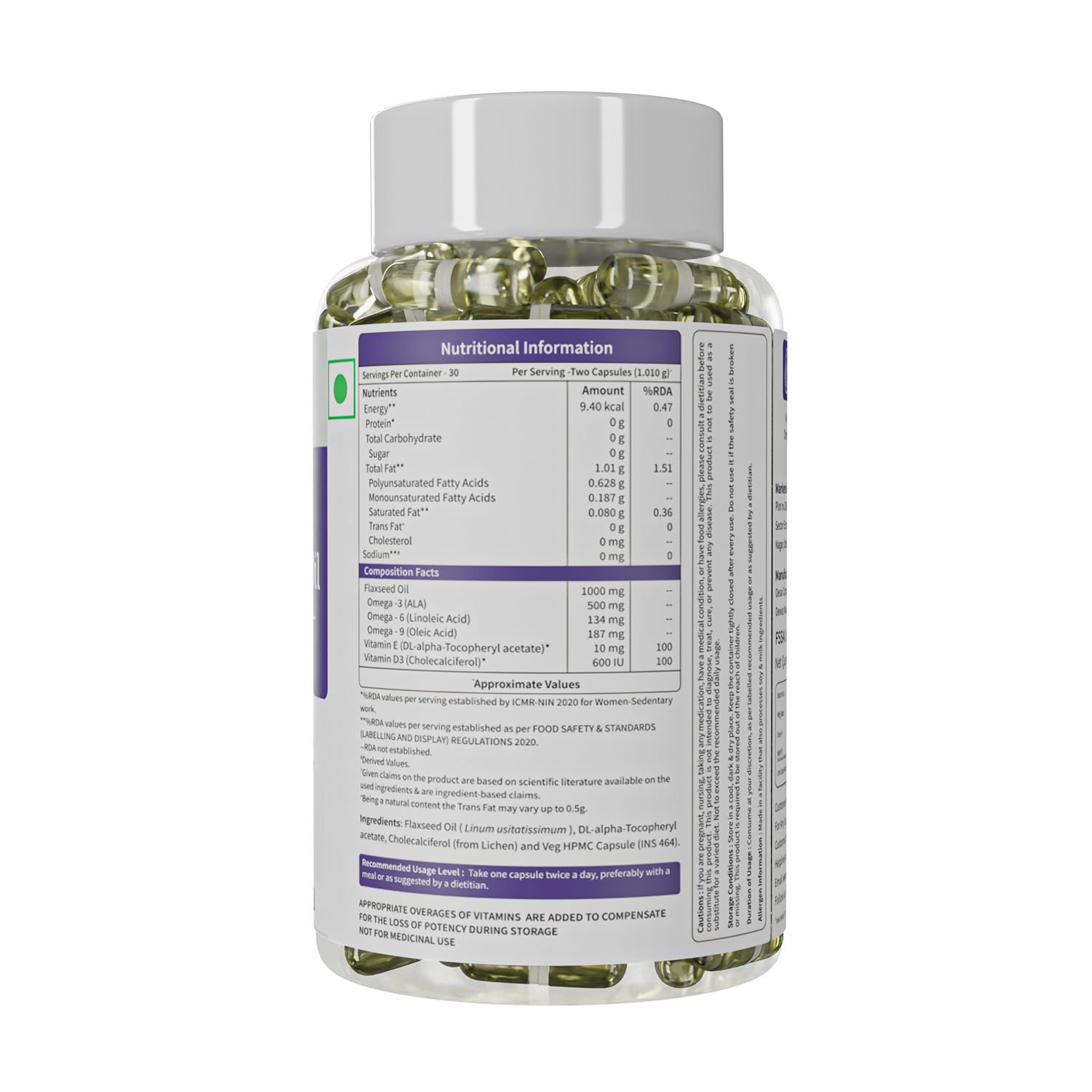 Flaxseed Oil Capsules 1000mg With 821mg Omega 3-6-9, Additional Vitamin D3 & E To Support Heart, Joint & Skin For Women & Men