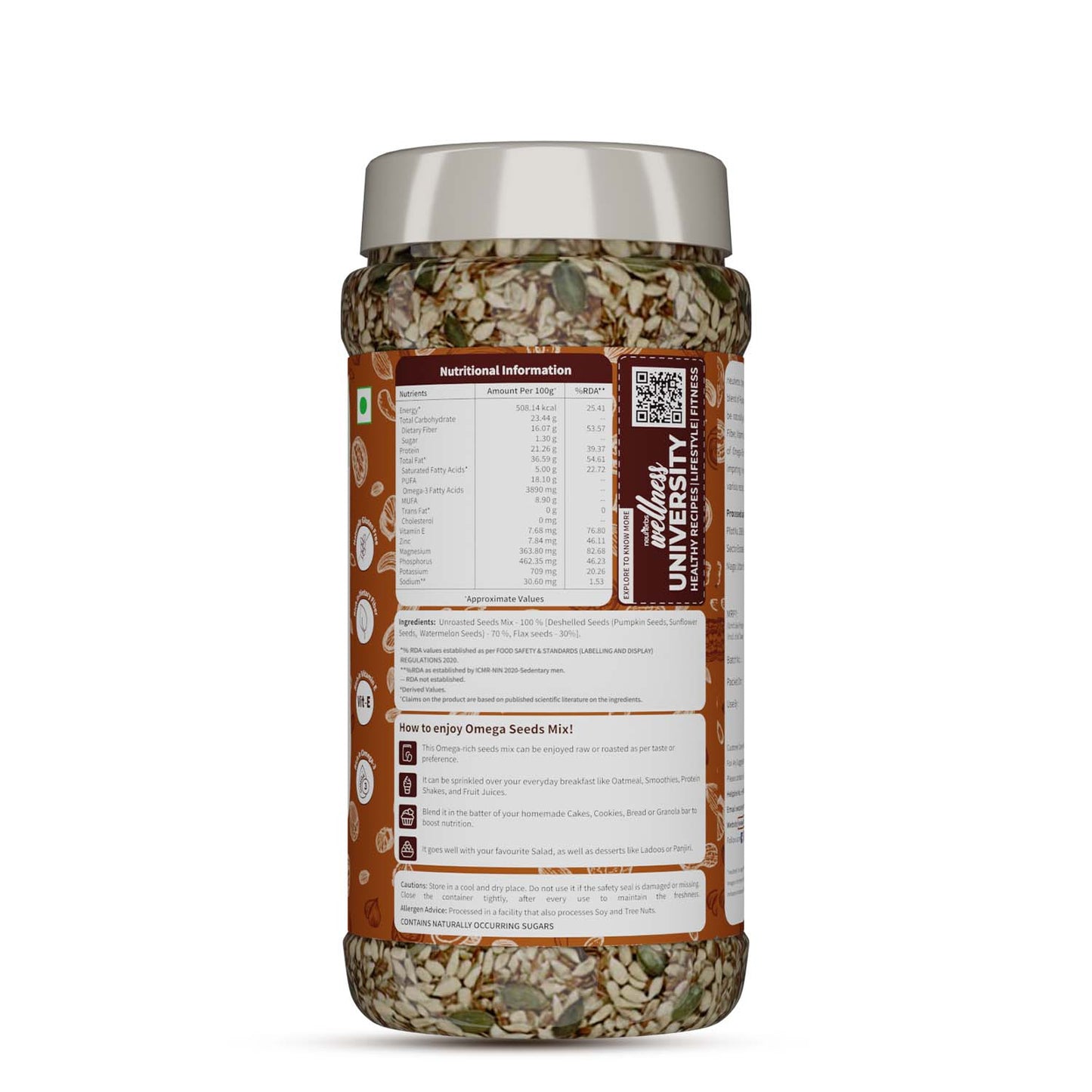 Omega Seeds Mix with richness of Flax, Pumpkin, Watermelon & Sunflower seeds with omega-3, dietary fiber, protein and essential nutrients helpful for Weight Loss, Heart & Good Skin