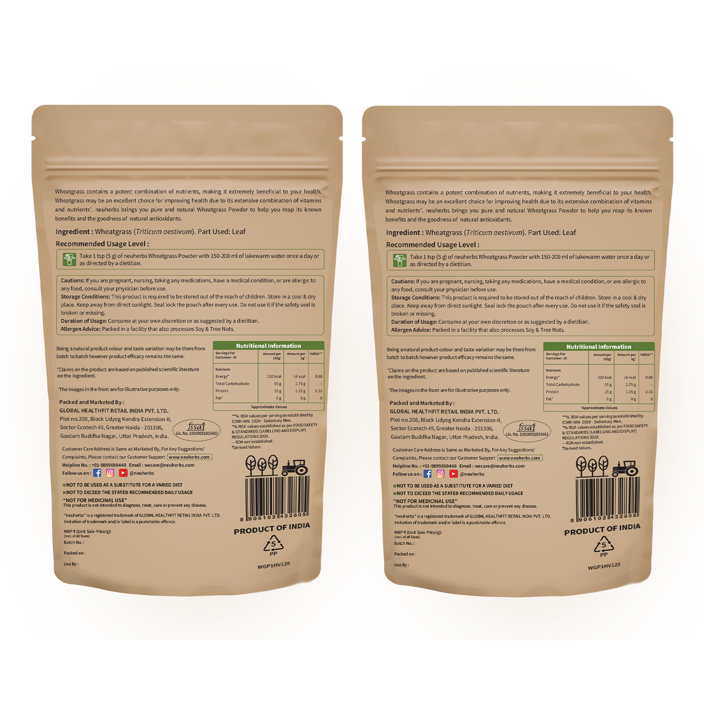 Organic wheatgrass supplement – front view (2 packs)
