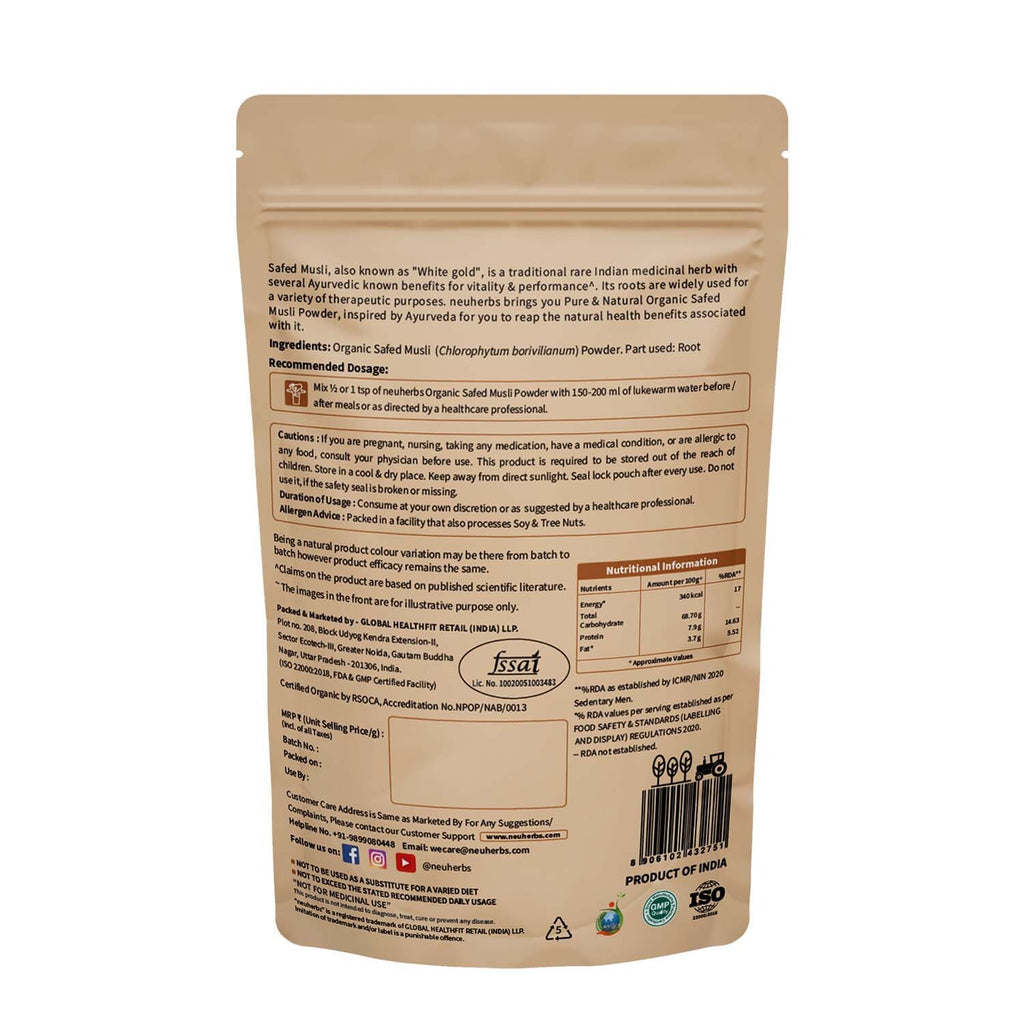 Organic Safed Musli Powder for men's support of vitality, reduced physical weakness and high performance.