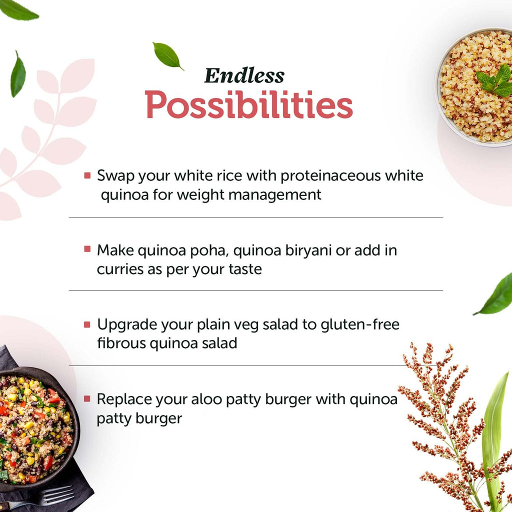 Raw Unroasted White Quinoa Seeds Rich in Protein, Iron, Fiber and Gluten Free Helps in cholesterol levels, weight loss and strong Bones