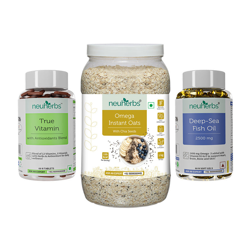 Complete Wellness Pack of 3 - Fish Oil for Heart, Brain & Muscle function & True Vitamin for Energy, Stamina, & Immunity for Men and Women & Instant Oats With Chia Seeds for Weight Loss