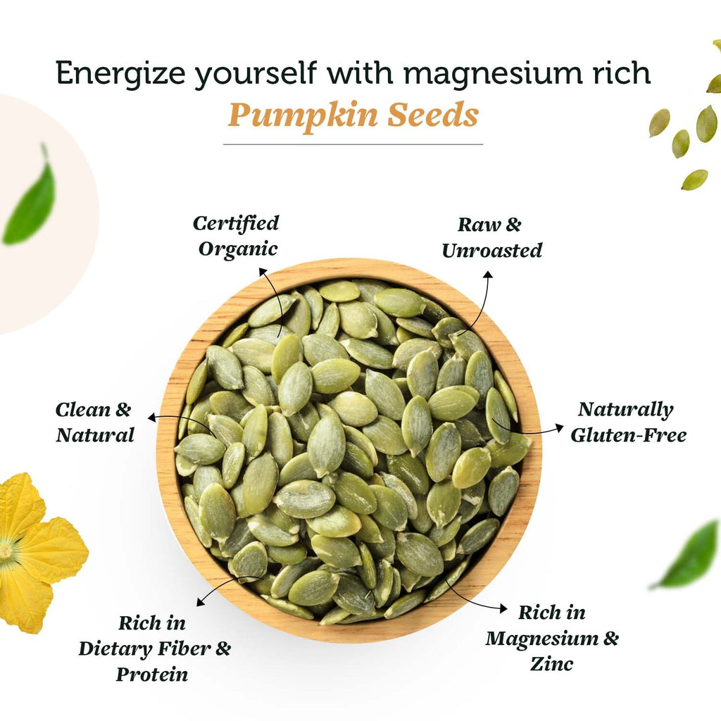 Raw, Unroasted Pumpkin Seeds with protein, fiber, minerals for promote heart health, manage hair, & improving mood