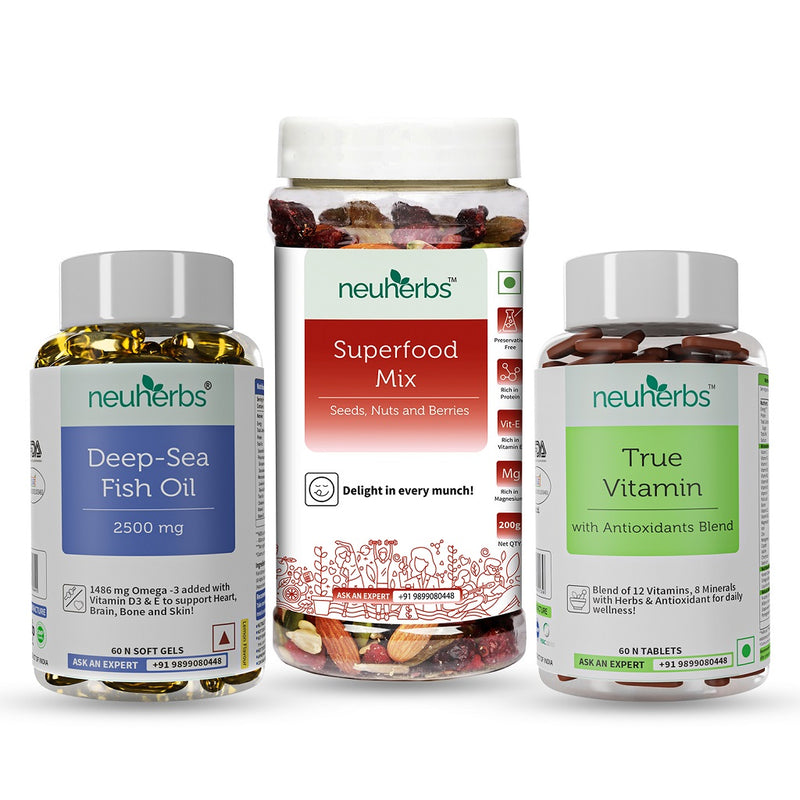 Muscle Builder Pack of 3 - neuherbs Superfood Mix for protein and fibre & Fish Oil for Heart, Brain & Muscle function & True Vitamin for Energy, Stamina, & Immunity