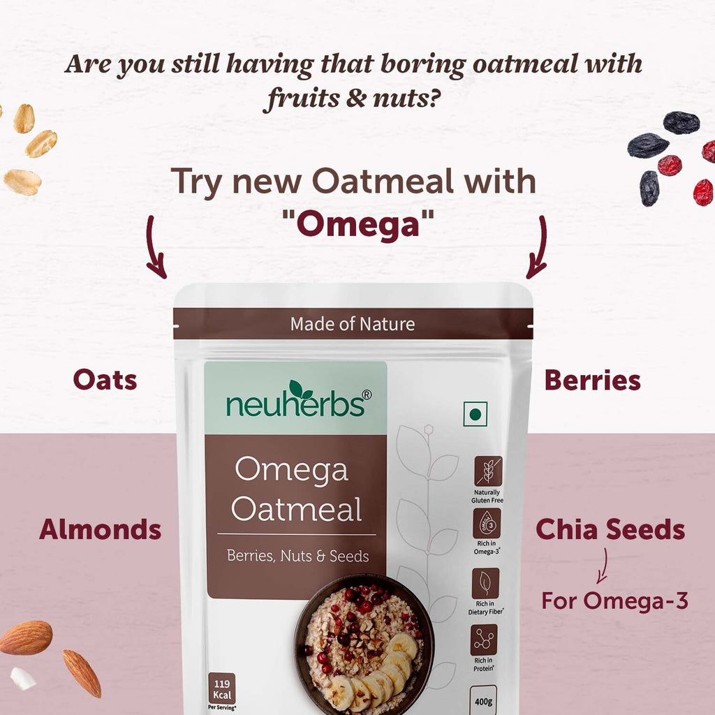 Omega Oatmeal filled with heart & weight healthy ingredients such as Oats, Berries, Nuts & Seeds with Omega-3 fatty acids, Dietary Fiber and Protein
